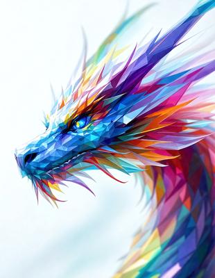 The primary subject of the image is a colorful dragon with a mix of blue, red, yellow, and green colors. The dragon is depicted in a digital art style, with its vibrant colors and intricate patterns creating a lively and dynamic visual experience. The dragon is positioned in front of a white background, which further emphasizes its vivid colors and unique design.